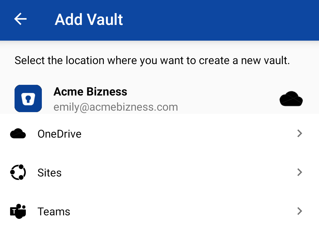 Tap OneDrive on Android device to create a new vault